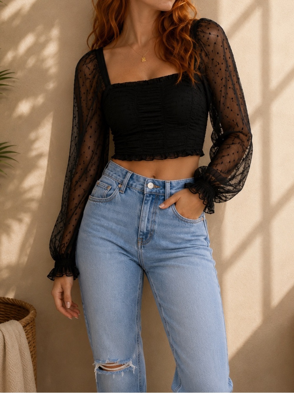 Sheer Dot Sleeve Black Crop Top - Women